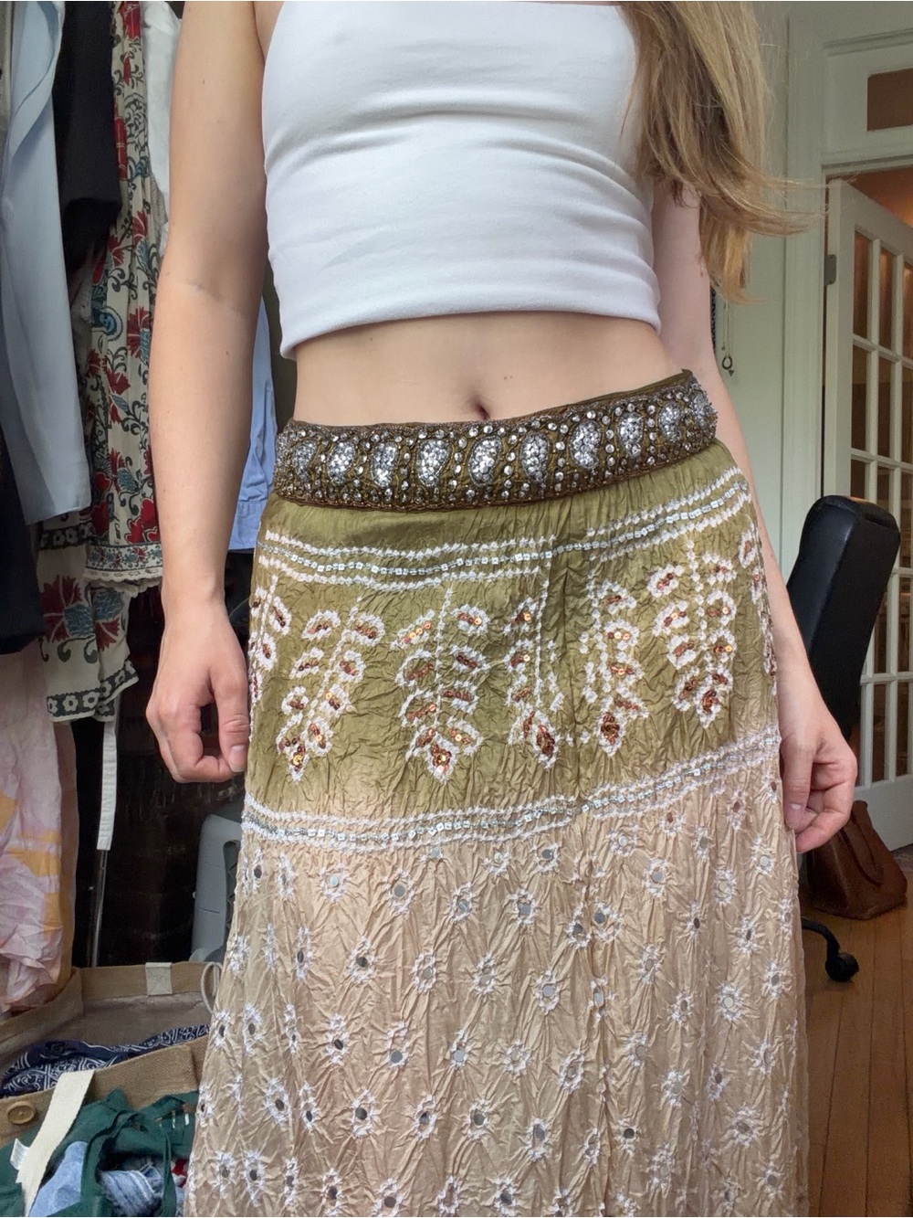 Saks Fifth Avenue Olive and Blush Embellished Boho Maxi Skirt - Picture 3 of 4